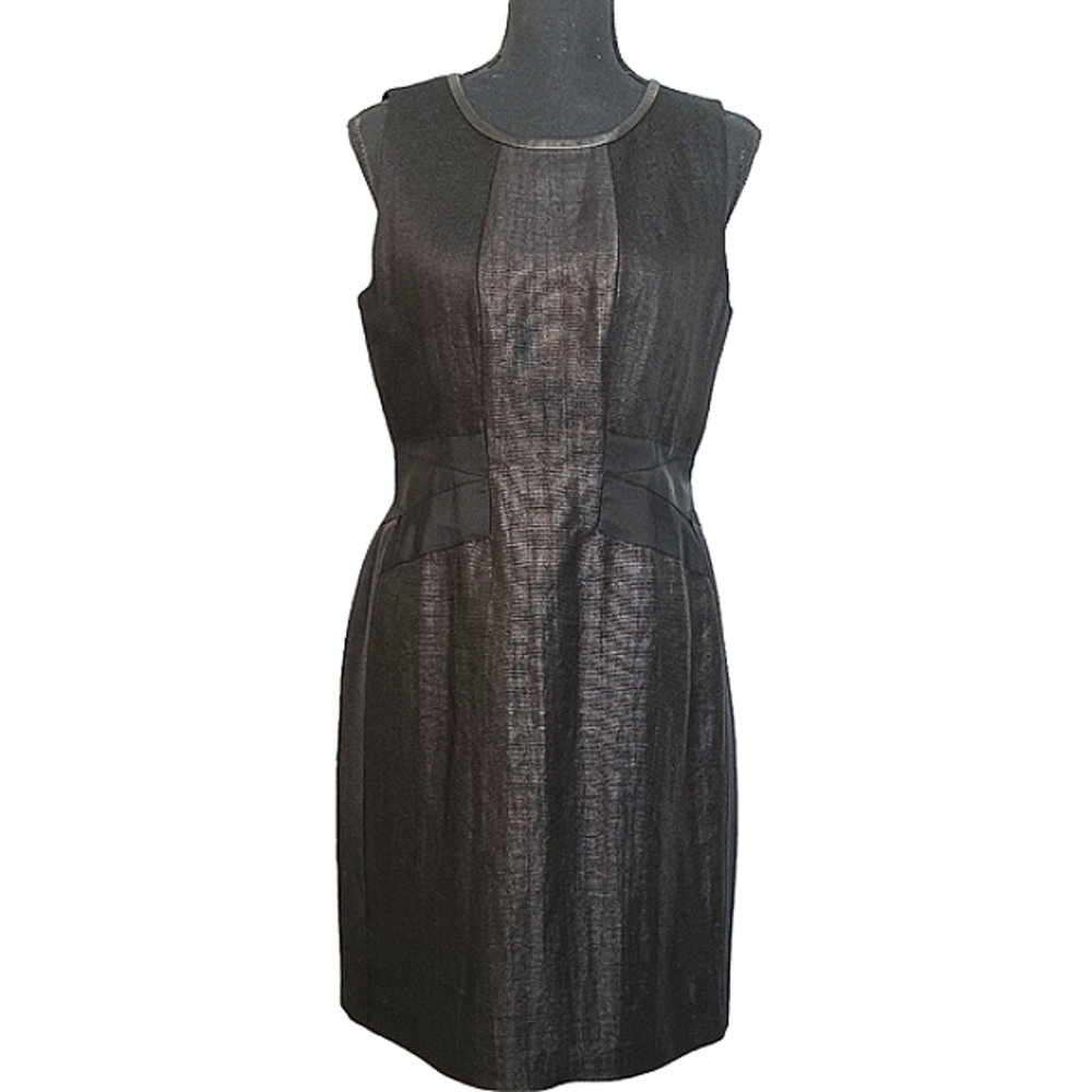 Elie Tahari Coated Linen Blend Leather Trim Sheath Dress Women's Sz 8 Like New